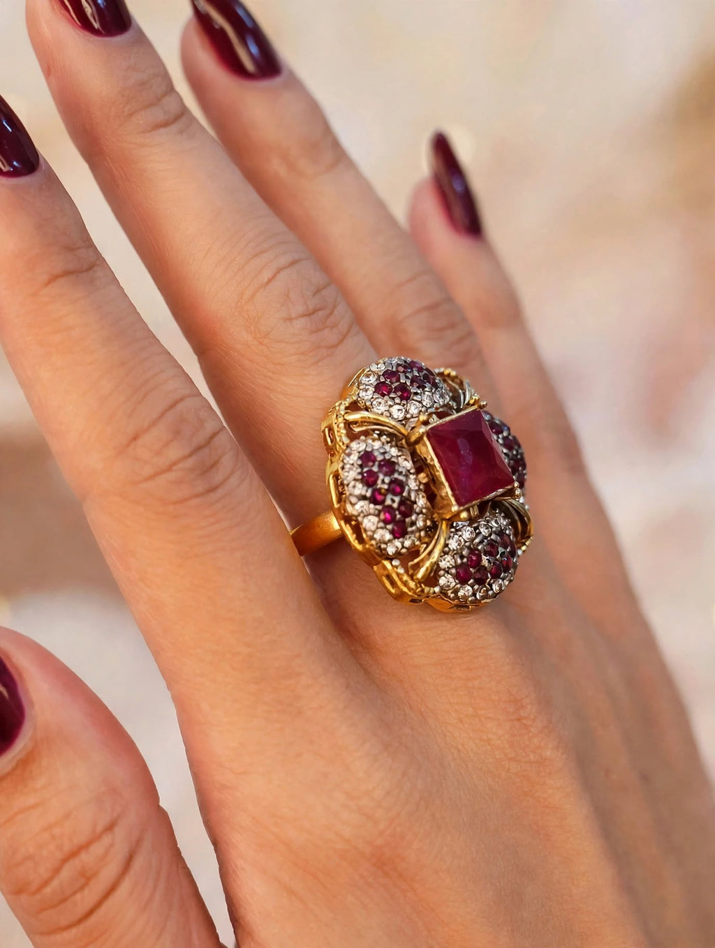 Ruby Red Stone Cocktail Ring – HouseOfMirra